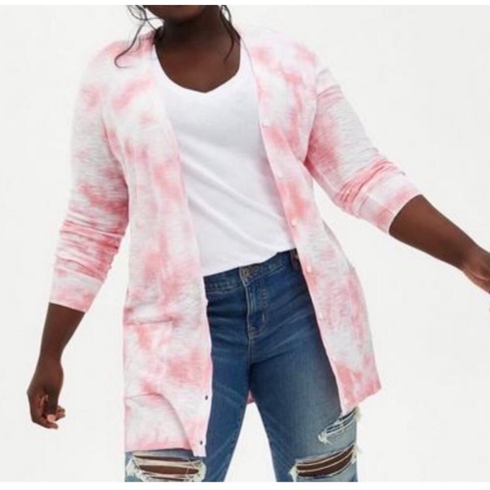 Torrid pink & white tie dye button front cardigan Size 1(1X) 14-16